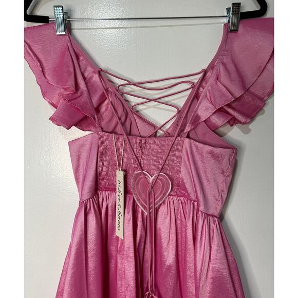For Love & Lemons Lala Lace Up Mini Dress Pink Taffeta Small NWT Heart Detail - Picture 9 of 13